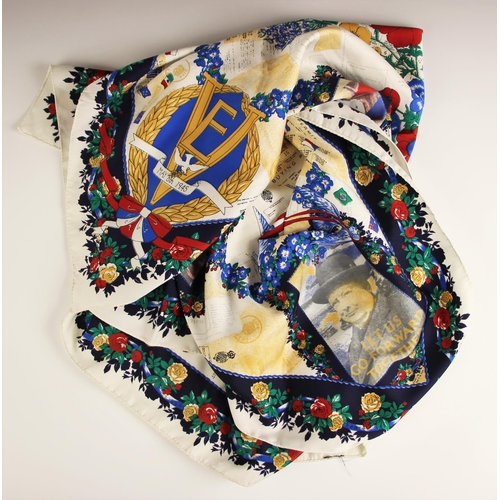 963 - A V-E day commemorative scarf, the silk scarf with central wildflower spray, within a forget-me-not ... 