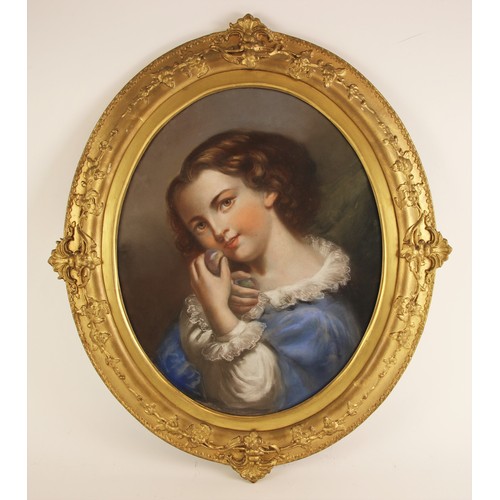 644 - French School (19th century),  
An oval bust length portrait of a young girl holding fruit,  
Waterc... 