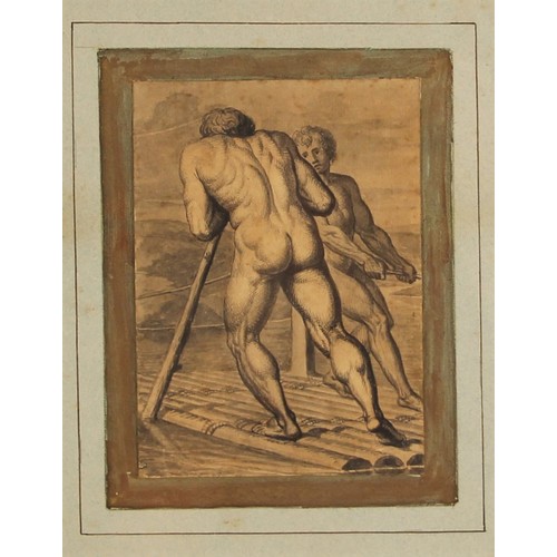 649 - English school (19th century),  
A man and boy steering a raft,  
Monochrome watercolour on paper,  ... 