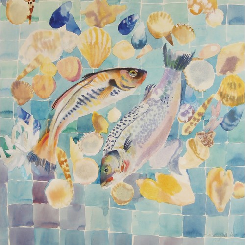 659 - J. E. Mayled (British, late 20th century),  
Fish and shellfish on a blue tiled counter,  
Watercolo... 