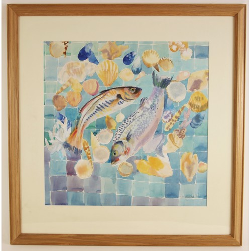 659 - J. E. Mayled (British, late 20th century),  
Fish and shellfish on a blue tiled counter,  
Watercolo... 