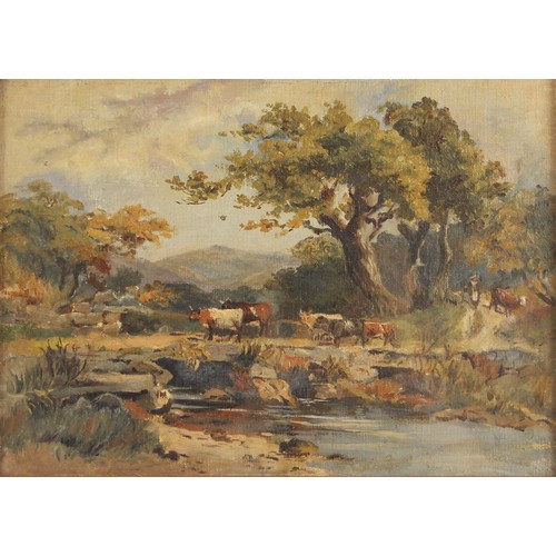 692 - English school (early 20th century),  
Cattle watering at a stream with cowherd beyond,  
Oil on can... 