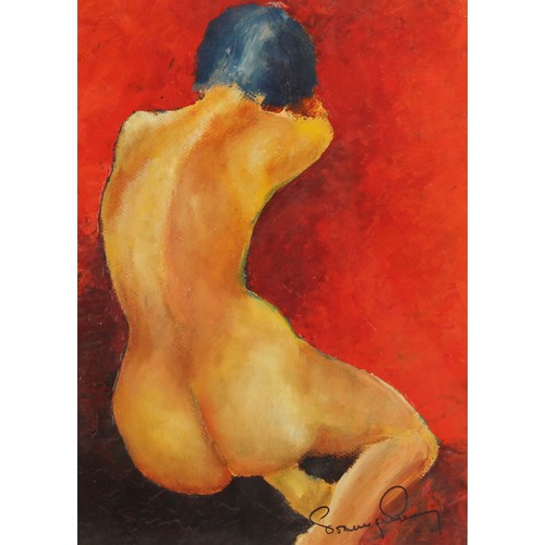 690 - English school (late 20th century),  
A seated female nude against red,  
Oil on board,  
Indistinct... 