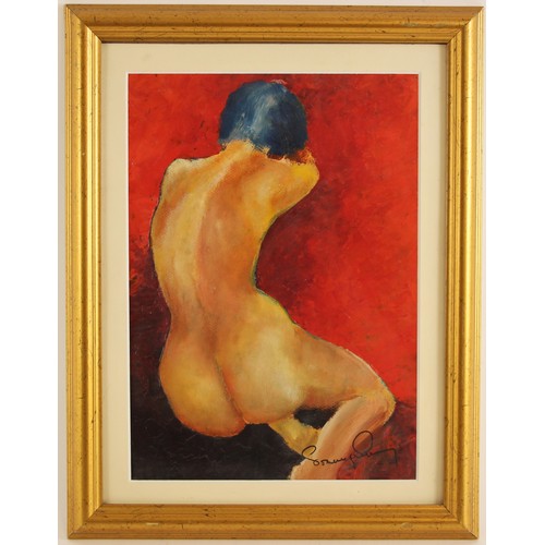 690 - English school (late 20th century),  
A seated female nude against red,  
Oil on board,  
Indistinct... 