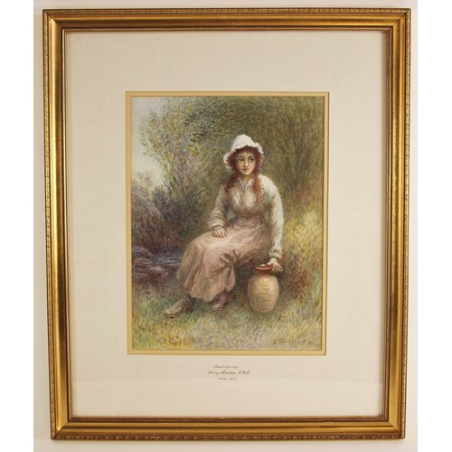 646 - Henry Measham R.C.A (1844-1922),  
'Sound Of A Step' - a young lady seated besides a stream holding ... 