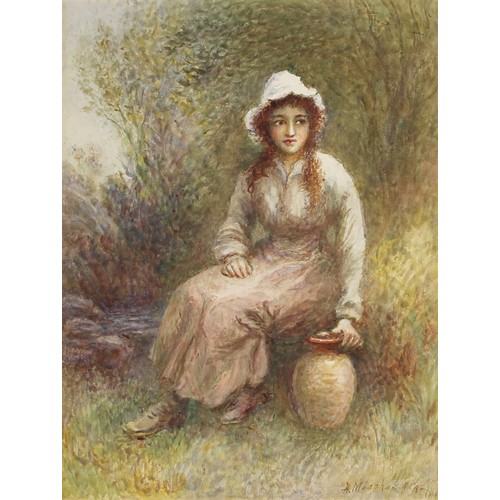 646 - Henry Measham R.C.A (1844-1922),  
'Sound Of A Step' - a young lady seated besides a stream holding ... 