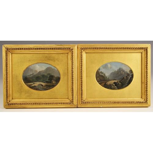 682 - English school (19th century),  
A pair of naïve oval studies each depicting bridges in mountainous ... 