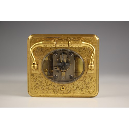 1083 - A brass cased repeater carriage clock, by Pierre Drocourt, late 19th century, the profusely chased c... 