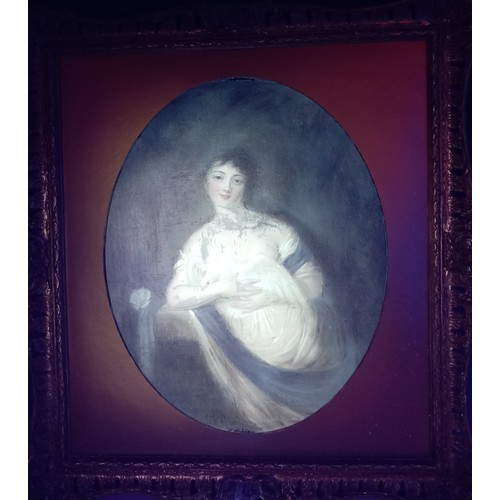 683 - French School (late 18th century),  
An oval mounted half length portrait of a seated young lady in ... 