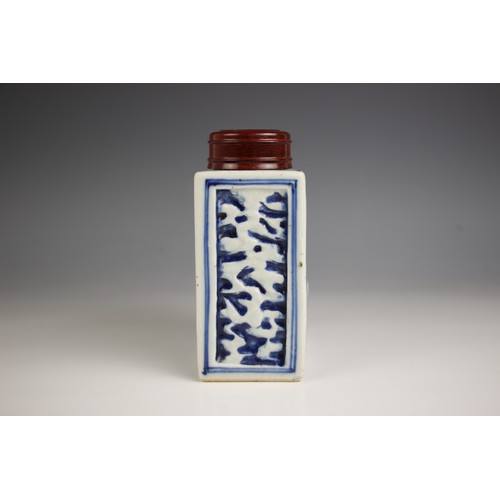 713 - A Chinese porcelain blue and white tea caddy, 18th century, of rectangular form and relief decorated... 