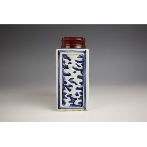 713 - A Chinese porcelain blue and white tea caddy, 18th century, of rectangular form and relief decorated... 