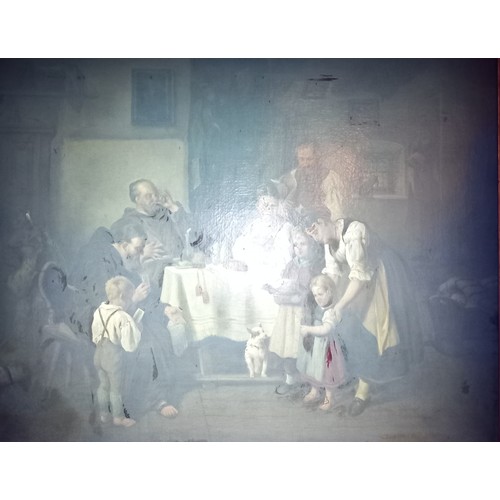 681 - Dutch School (19th century),  
A family sharing supper with two monks,  
Oil on canvas,  
Indistinct... 