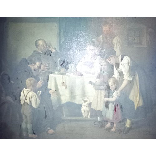 681 - Dutch School (19th century),  
A family sharing supper with two monks,  
Oil on canvas,  
Indistinct... 