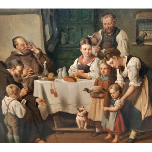 681 - Dutch School (19th century),  
A family sharing supper with two monks,  
Oil on canvas,  
Indistinct... 