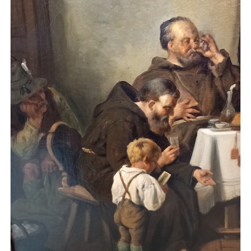 681 - Dutch School (19th century),  
A family sharing supper with two monks,  
Oil on canvas,  
Indistinct... 