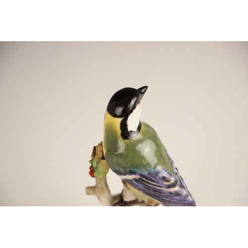 807 - A Meissen porcelain model of a Great Tit, 19th century, perched upon a branch with gilt highlights, ... 