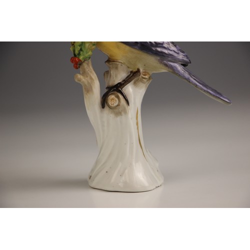 807 - A Meissen porcelain model of a Great Tit, 19th century, perched upon a branch with gilt highlights, ... 