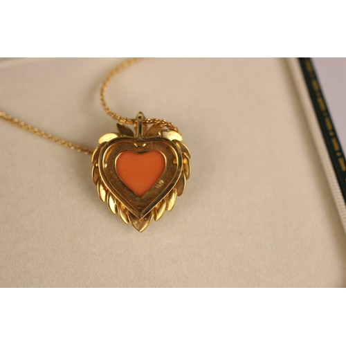 363 - An 18ct yellow gold untested coral and diamond necklace, the heart shaped coral pendant with stylise... 