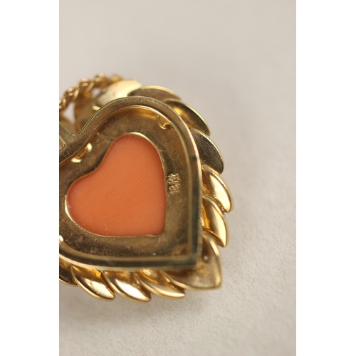 363 - An 18ct yellow gold untested coral and diamond necklace, the heart shaped coral pendant with stylise... 