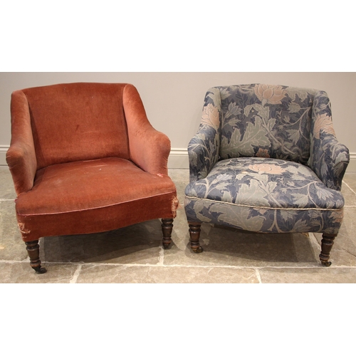 1053 - A near pair of late Victorian tub chairs, by Gregory & Co, London, one later re-covered, each with a... 