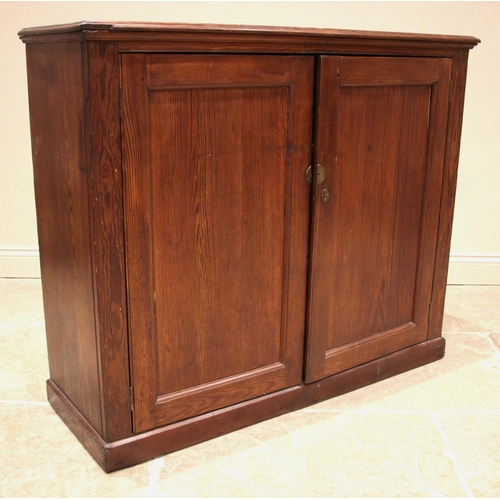 1057 - A Victorian pine kitchen/hall cupboard, with a rectangular moulded top over a pair of panelled doors... 