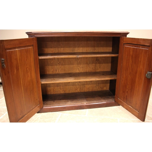 1057 - A Victorian pine kitchen/hall cupboard, with a rectangular moulded top over a pair of panelled doors... 