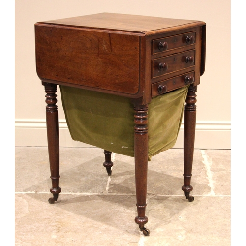 1063 - A mid 19th century mahogany work table, the moulded drop leaf top over two drawers and a sliding bas... 