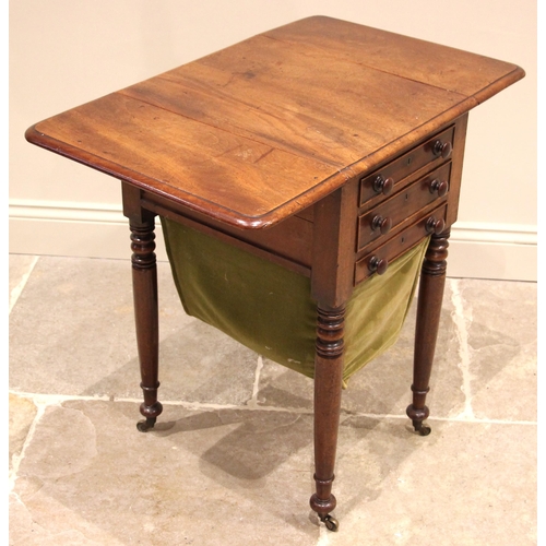 1063 - A mid 19th century mahogany work table, the moulded drop leaf top over two drawers and a sliding bas... 