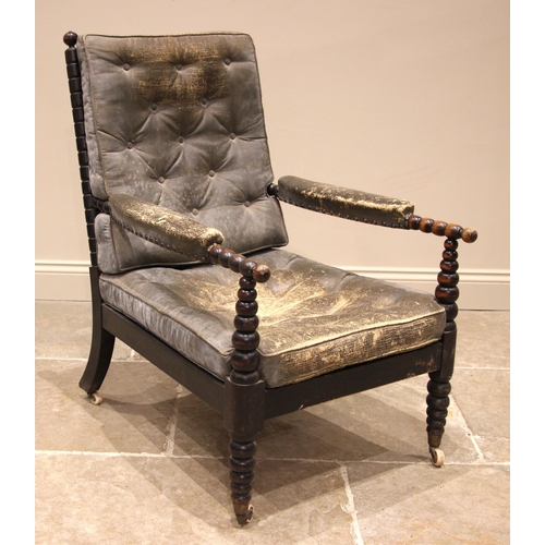 1073 - An ebonised bobbin turned open armchair, possibly walnut, mid to late 19th century, with bespoke but... 