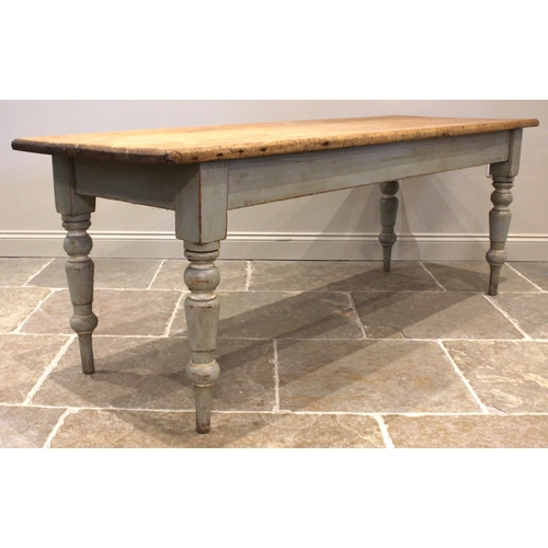 1080 - A Victorian painted pine kitchen/scullery table, the slab scrub top upon a painted frieze and turned... 