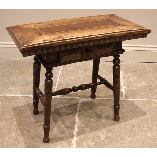 1081 - A 19th century walnut occasional table, the associated over-sailing top with a dentil frieze above a... 