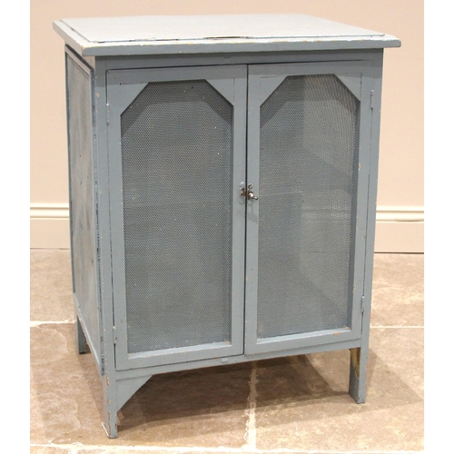 1110 - A vintage French painted pine food safe/hutch, formed with a pair of mesh panelled doors and side pa... 