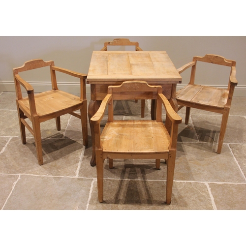 1122 - A pine folding table with four pine elbow chairs, probably continental, late 20th century, the cleat... 