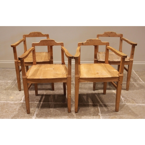 1122 - A pine folding table with four pine elbow chairs, probably continental, late 20th century, the cleat... 