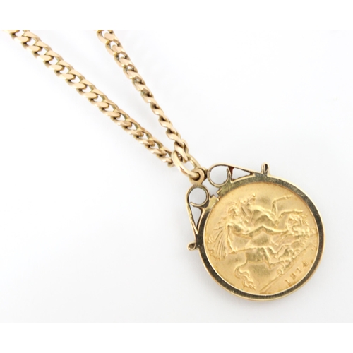 139 - A George V half sovereign, dated 1914, within a 9ct yellow gold plain polished pendant mount, upon a... 