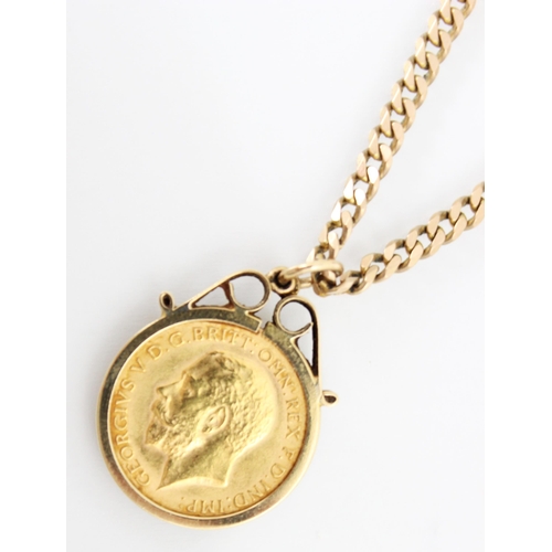 139 - A George V half sovereign, dated 1914, within a 9ct yellow gold plain polished pendant mount, upon a... 