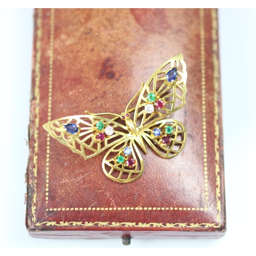 293 - An 18ct yellow gold Cropp and Farr brooch, the openwork stylised butterfly brooch set with round cut... 