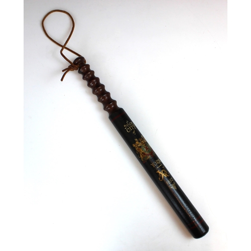 325 - A Victorian City Of York turned wood truncheon, dated 1852, painted with the VR cipher, transfer pri... 