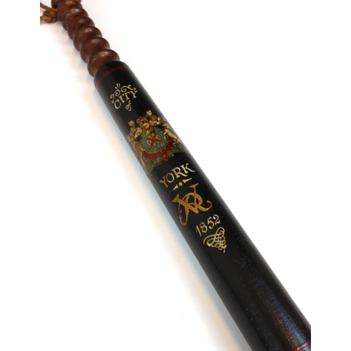 325 - A Victorian City Of York turned wood truncheon, dated 1852, painted with the VR cipher, transfer pri... 