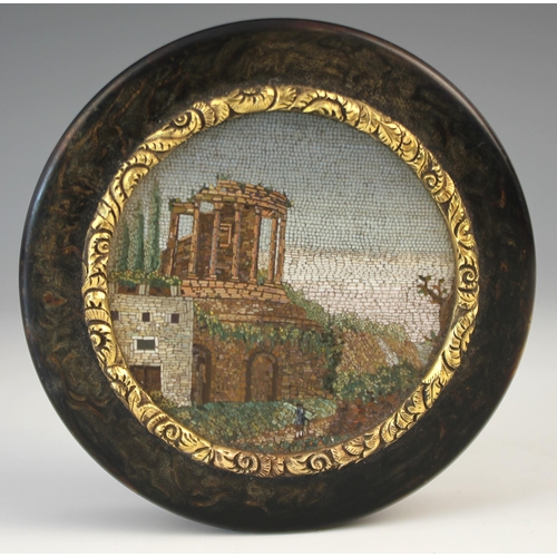 326 - A Grand Tour style micro mosaic mounted on tortoiseshell snuff box, 19th century, 8.5cm diameter, wi... 