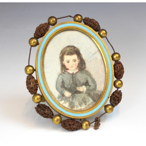 329 - An oval brass and enamel oval picture frame retailed by Howell James & Co, late 19th or early 20th c... 