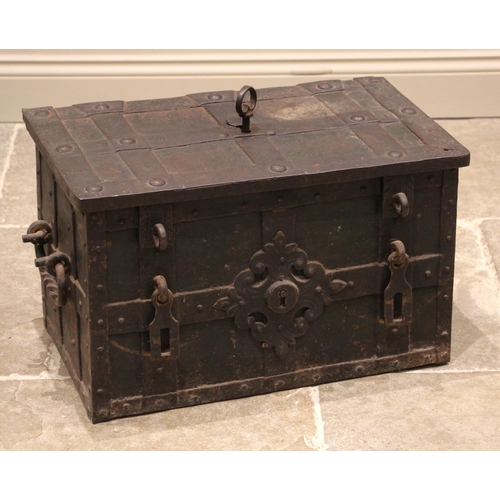 376 - A 17th century iron and steel Nuremberg or corsair chest, of strap and riveted construction, the hin... 