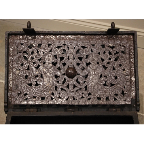 376 - A 17th century iron and steel Nuremberg or corsair chest, of strap and riveted construction, the hin... 