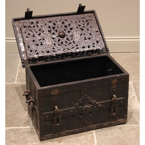 376 - A 17th century iron and steel Nuremberg or corsair chest, of strap and riveted construction, the hin... 