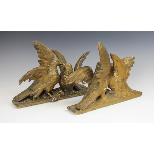 388 - Two pairs of carved giltwood and gesso doves, 19th century, each modelled billing and cooing, each 2... 