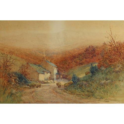 516 - English school (early 20th century),  
Sheep on a country lane with cottage beyond,  
Watercolour on... 