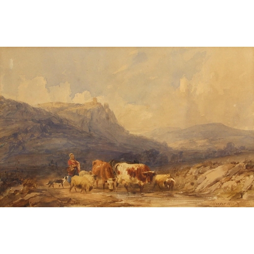 521 - Thomas Sidney Cooper RA (British, 1803-1902),   Study of a farmer with cattle and sheep by a pool,  ... 