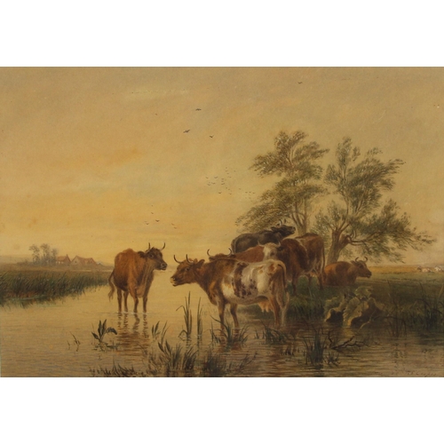 523 - Circle of Thomas Sidney Cooper RA (British, 1803-1902),  
Cattle watering in a river,  
Watercolour ... 