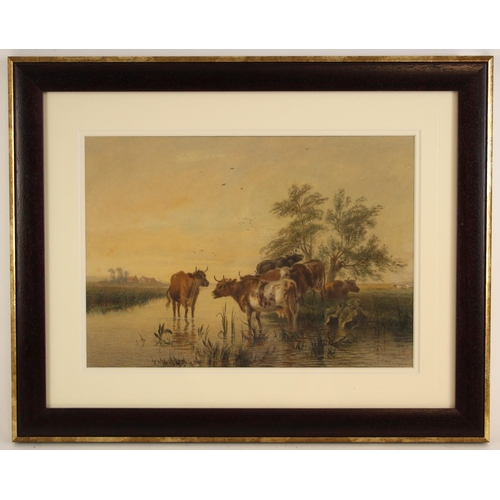 523 - Circle of Thomas Sidney Cooper RA (British, 1803-1902),  
Cattle watering in a river,  
Watercolour ... 