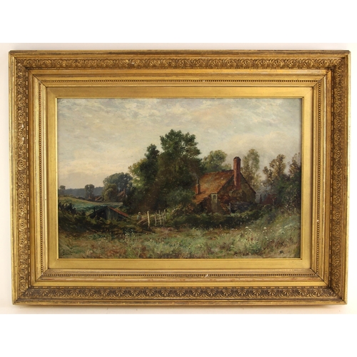 533 - J. Elliot (English school, 19th century),  
A tumbledown country cottage in a landscape,  
Oil on ca... 